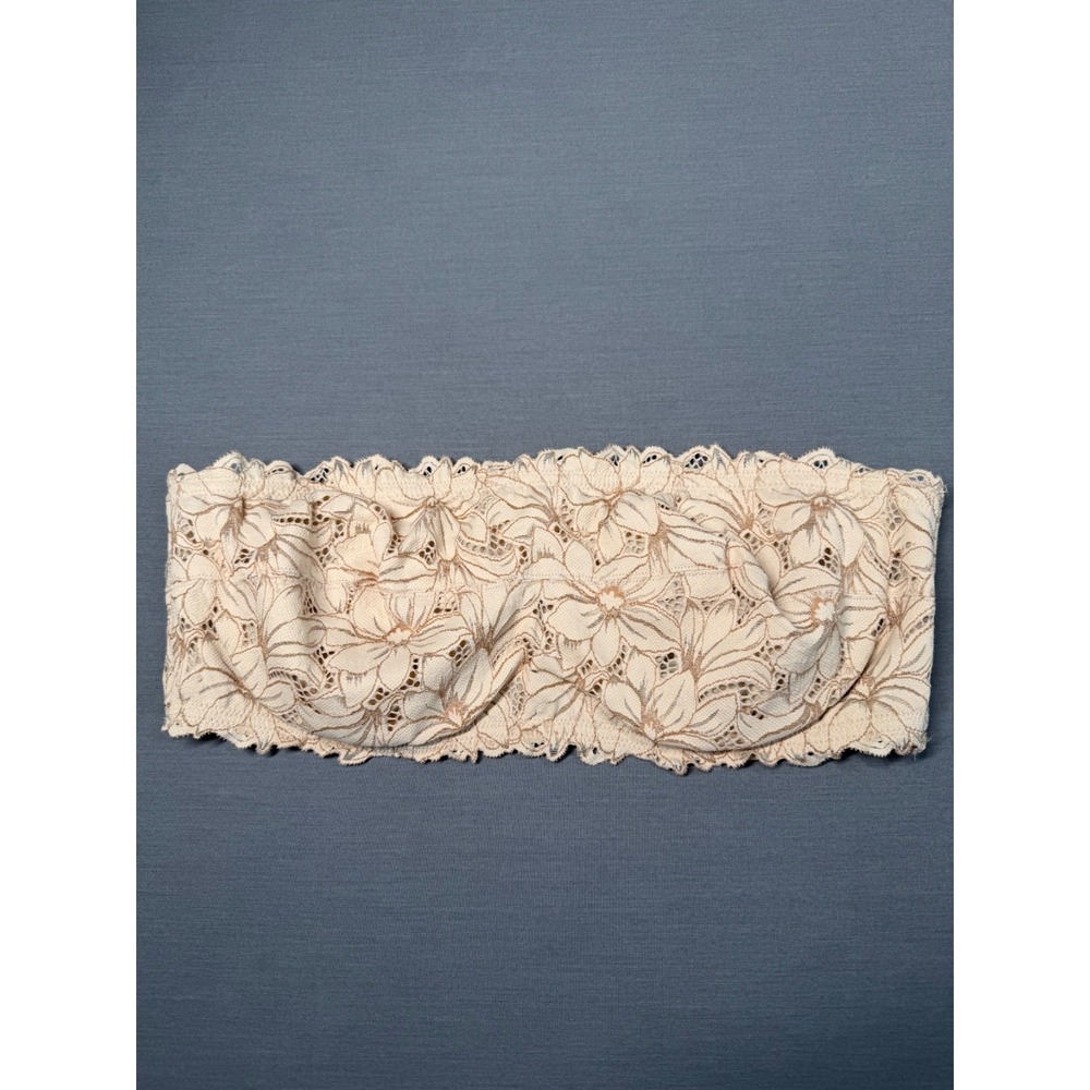 Aerie Tan Floral Lace Strapless Underwire Bandeau Bra Sz 40C Rose Gold Hook/Eye